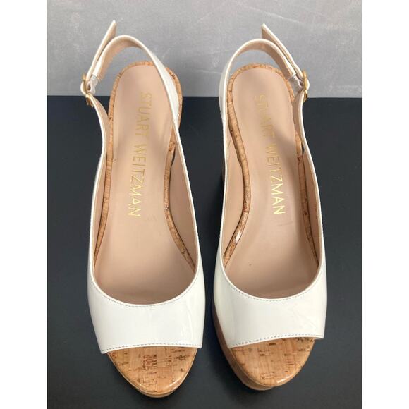 Stuart Weitzman Riveria Patent Leather Wedge Slingback Sandals White 6.5 - Picture 2 of 10